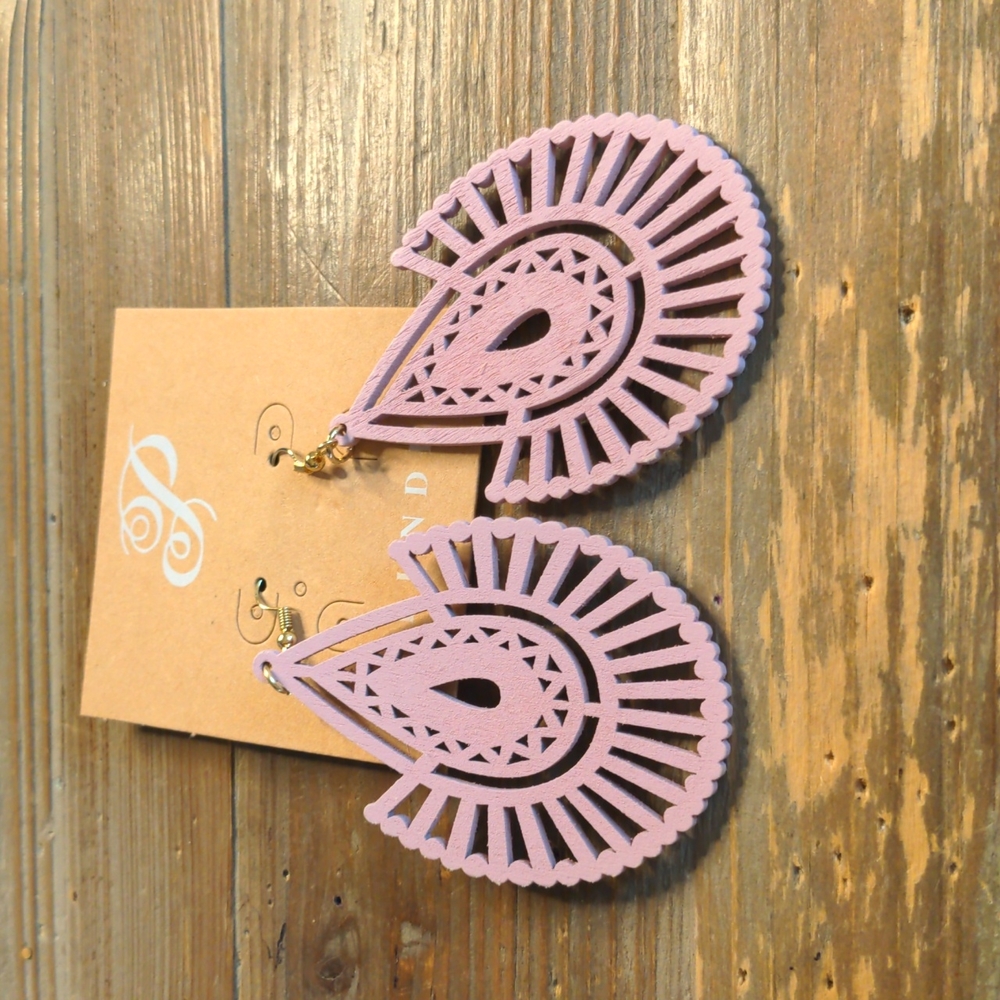 Pale Pink Wooden Filigree Earrings